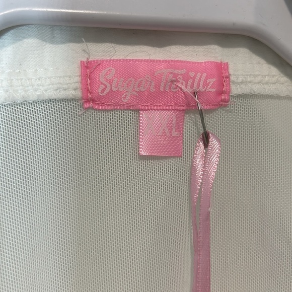 Sugar Thrillz Y2K white mesh sheer button front cardigan layer w/ faux fur cuff - Picture 2 of 6